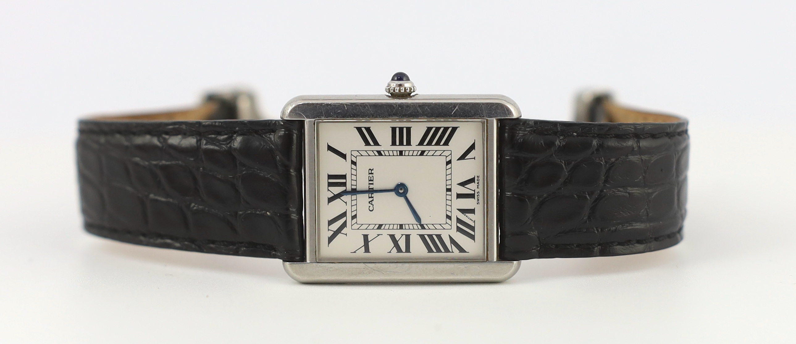 A gentleman's stainless steel Cartier rectangular quartz wrist watch